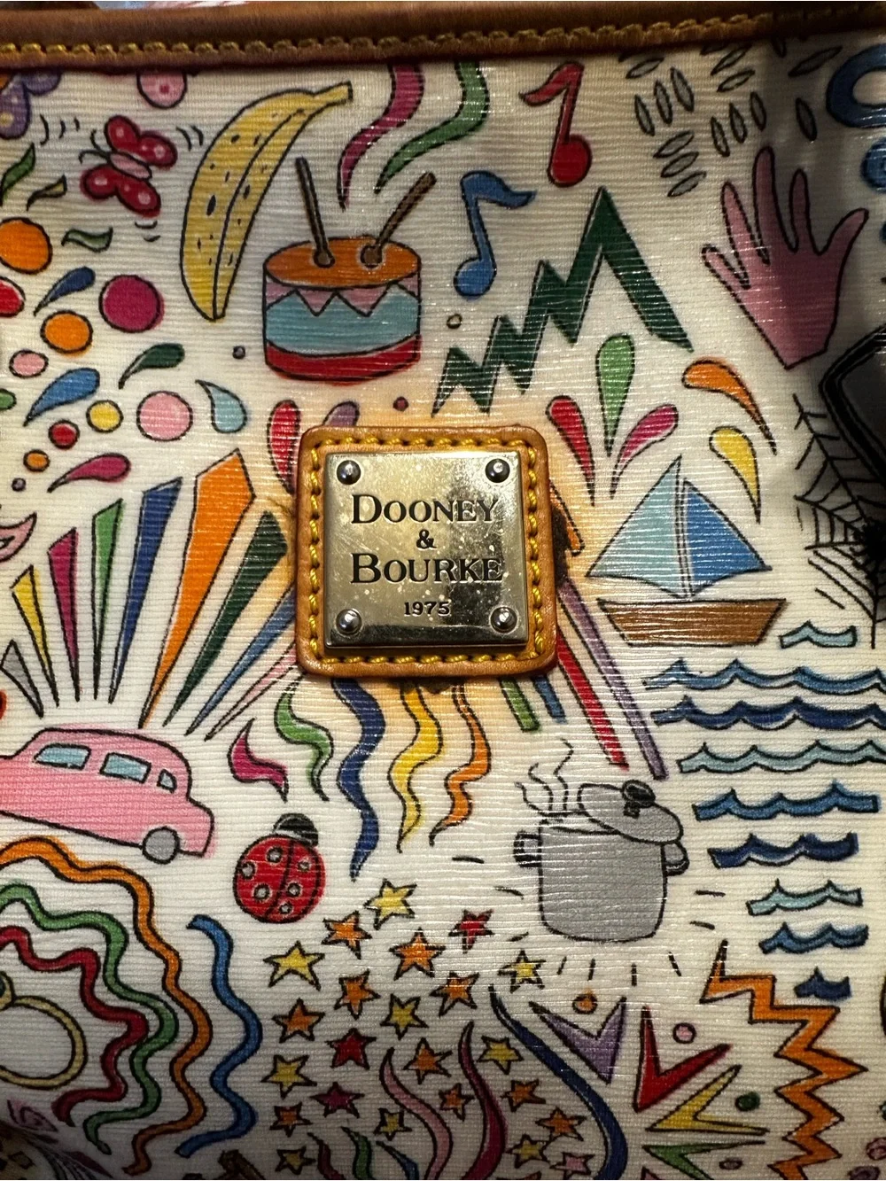 Dooney & Bourke White Multicolor Doodle Tote with Tan Leather Trim